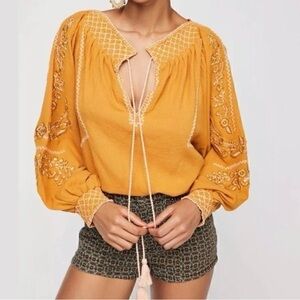 Free People Notting Hill Top Mustard Yellow Embroidered Boho Peasant Top Sz XS